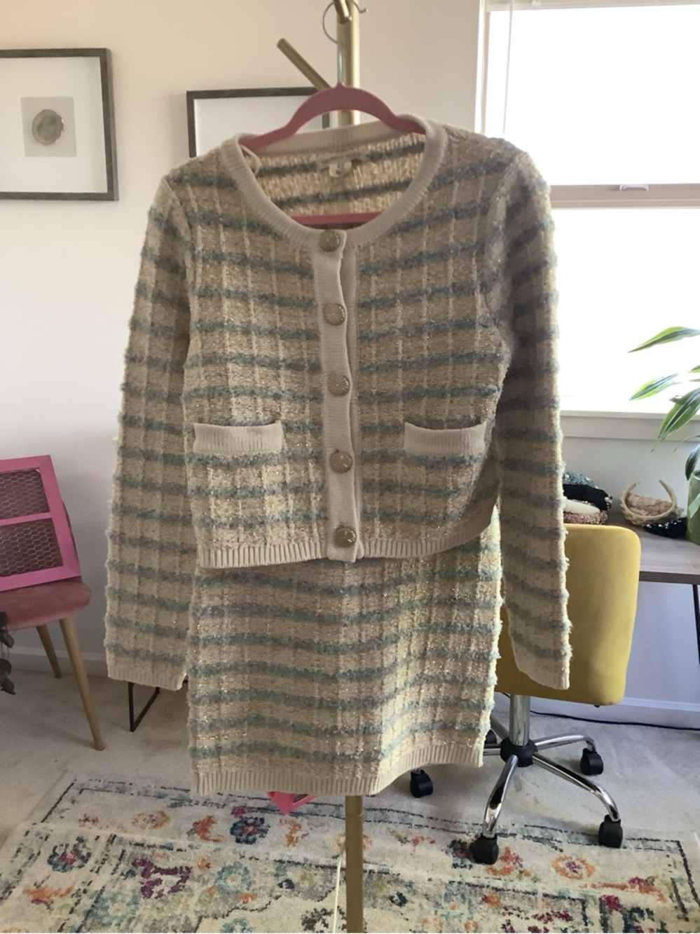 Classic Cream & Light Blue Tweed Knit Cardigan and Skirt Set - Women